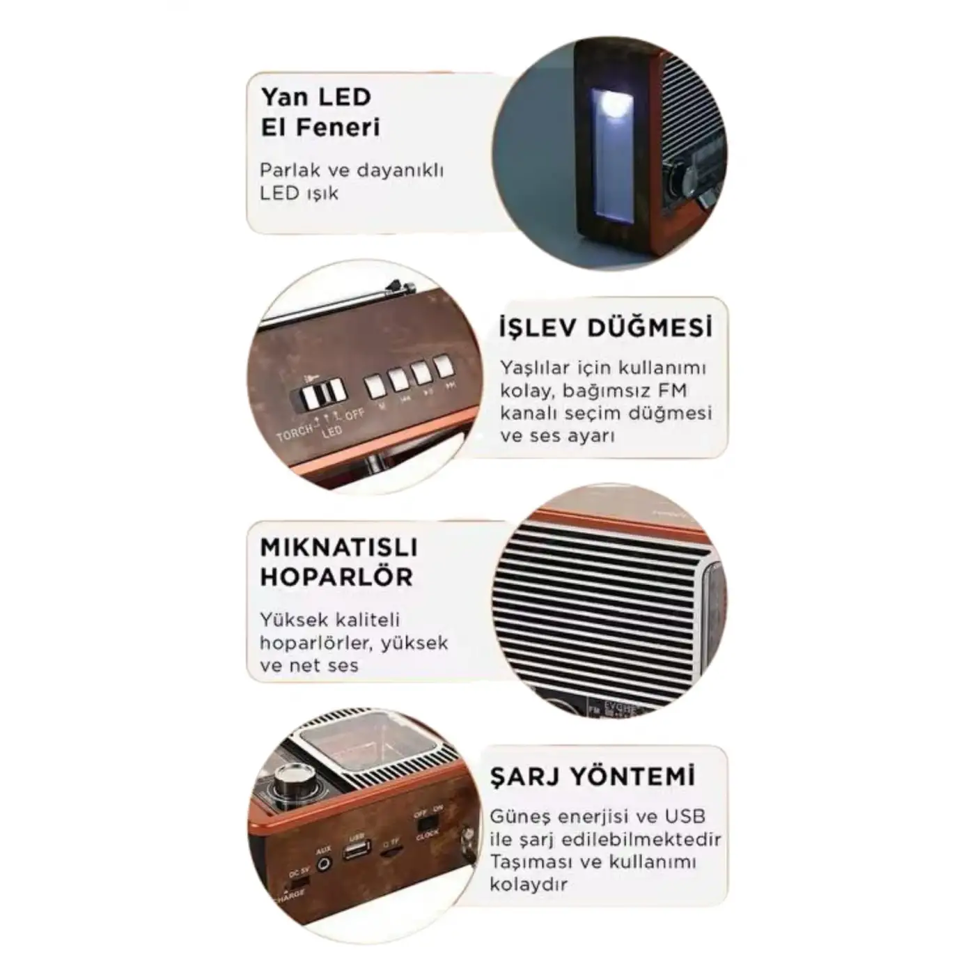 Vintage Nostaljik Radyo AUX USB SD Kart Girişli Şarjlı Bluetooth Bağlantılı