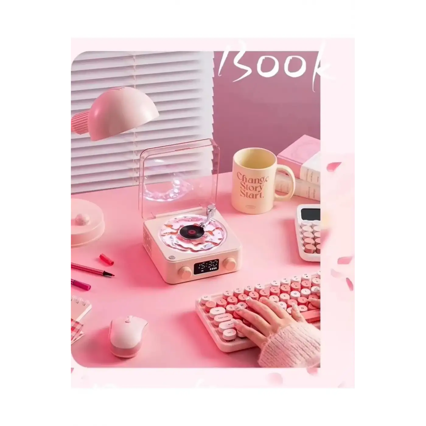 Waves Nostalji Plak Görünümlü Bluetooth Hoparlör 3d Ses Dalgası Retro Müzik Plak Pembe