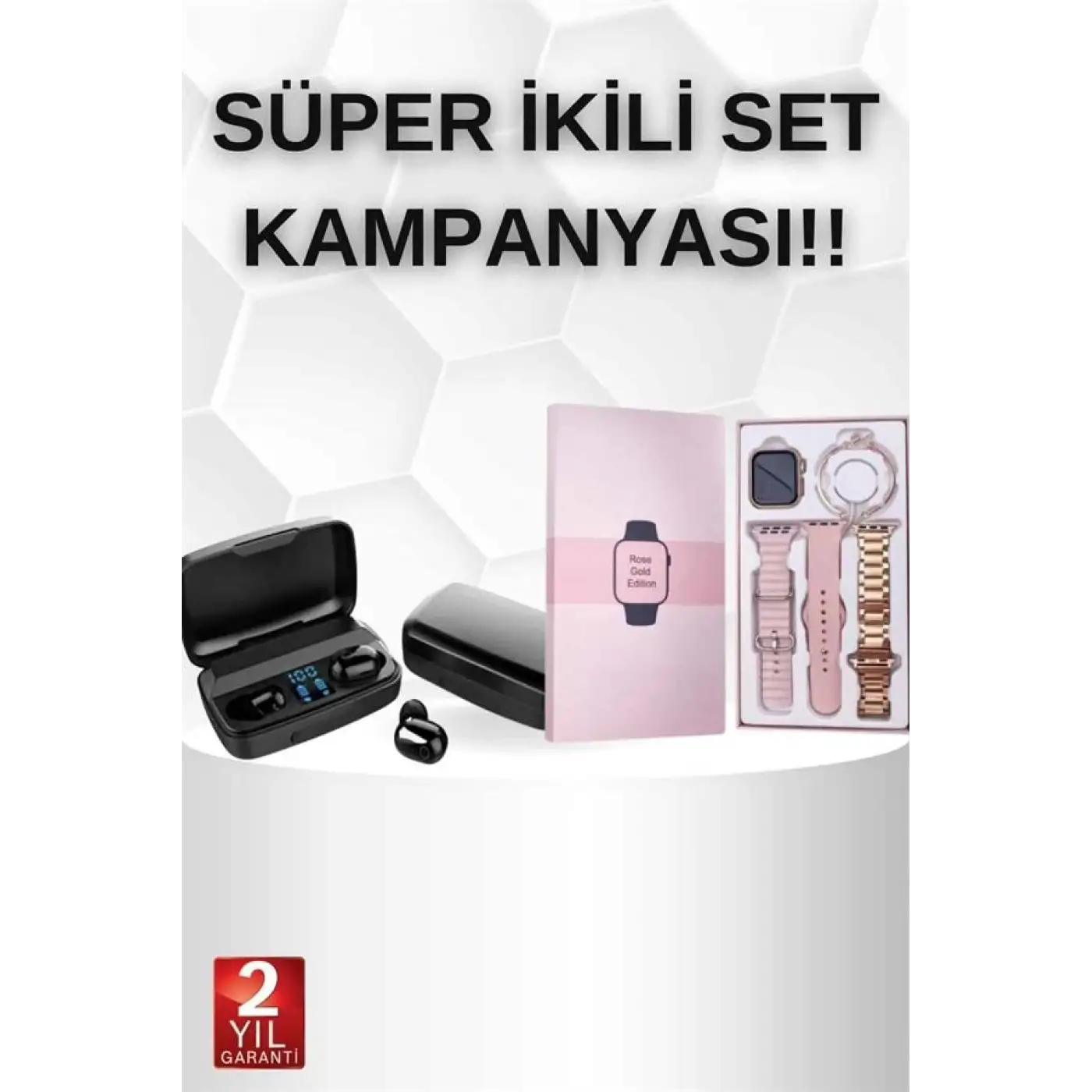 Wireless Şarjlı Pembe Akıllı Saat ve Kablosuz Bluetooth Kulaklık Dokunmatik Kontrol