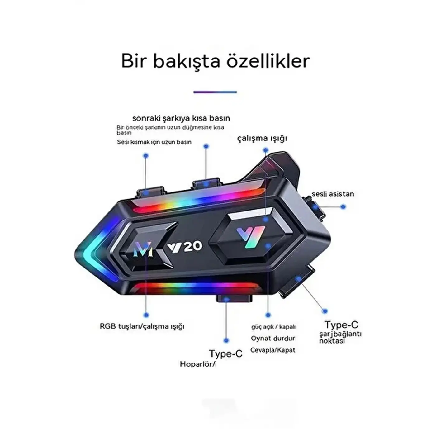 Y20 Motor Kurye Kask Kulaklık Rgb Modlu Bluetooth Motosiklet Kulaklık 5.3 Bluetooth Interkom