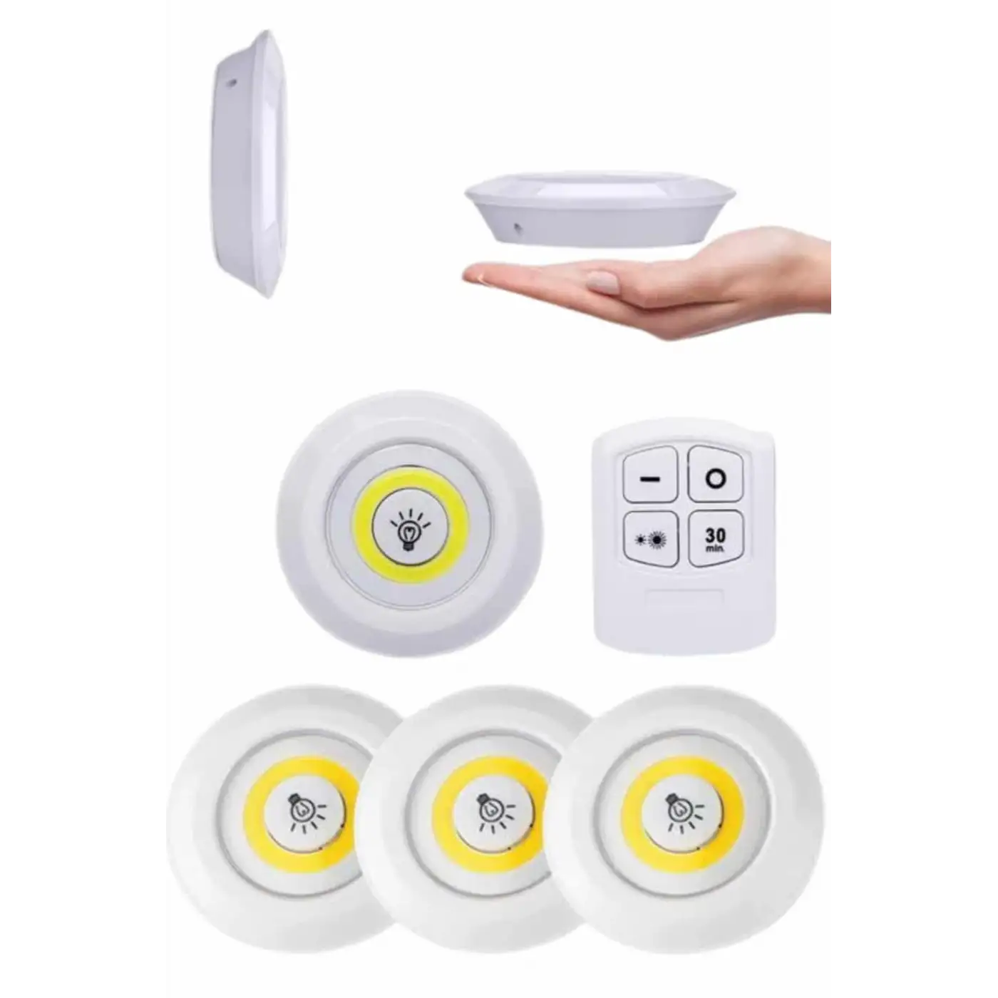 Yapışkanlı 3lü Spot Led Işık Lamba Montajsız Pilli Uzaktan Kumandalı