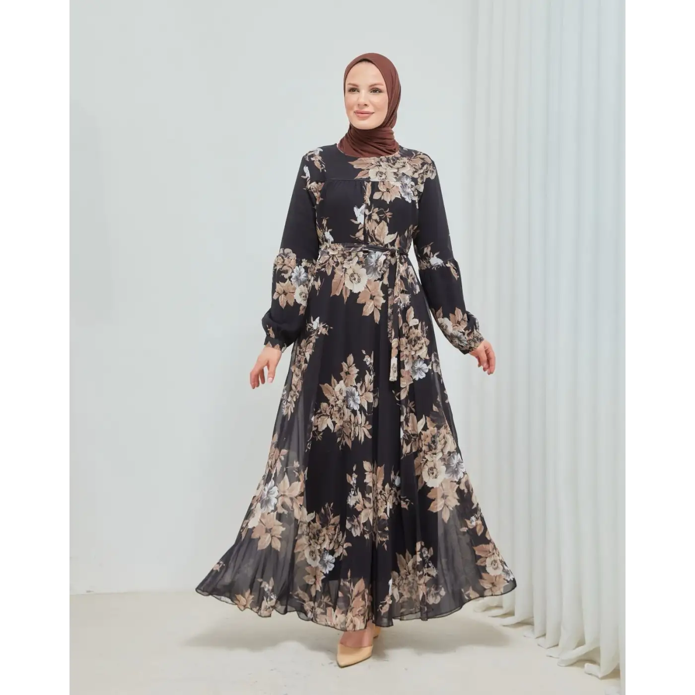 Yaprak Desenli Zarif ve Şık Uzun Boy Büyük Beden Astarlı Şifon Elbise