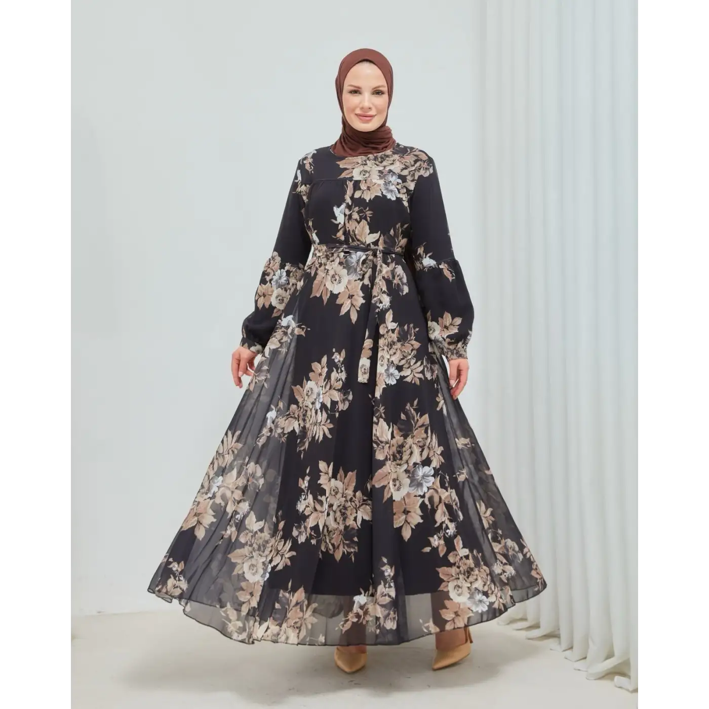 Yaprak Desenli Zarif ve Şık Uzun Boy Büyük Beden Astarlı Şifon Elbise