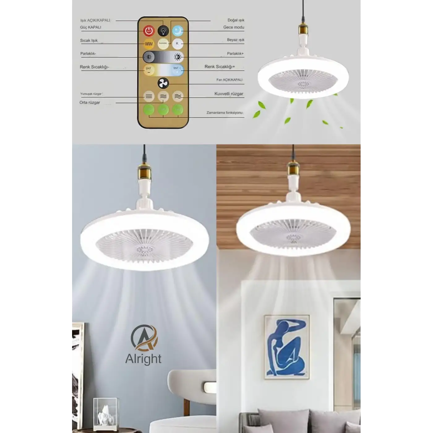 Yeni Nesil E27 Duylu Kumandalı Tavan Vantilatörlü Led Lamba 3 Hız Ayarı ve 3 Renk Ayarı