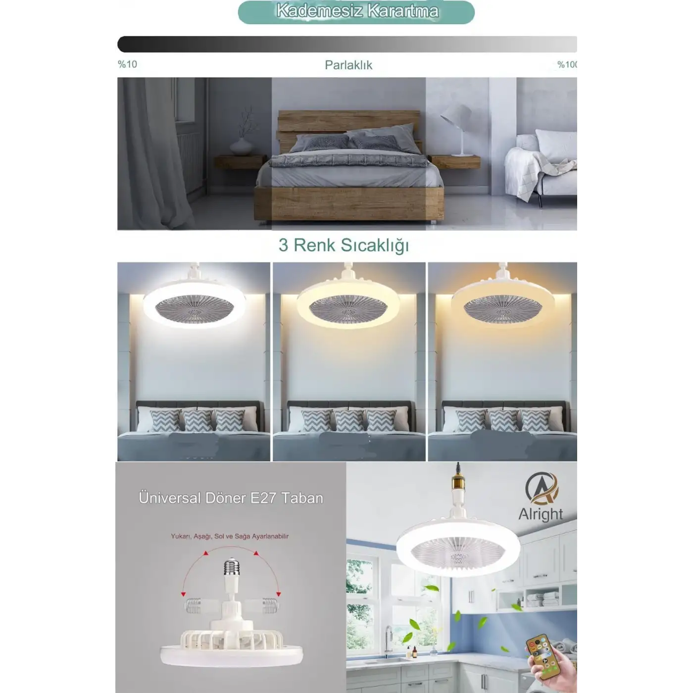 Yeni Nesil E27 Duylu Kumandalı Tavan Vantilatörlü Led Lamba 3 Hız Ayarı ve 3 Renk Ayarı