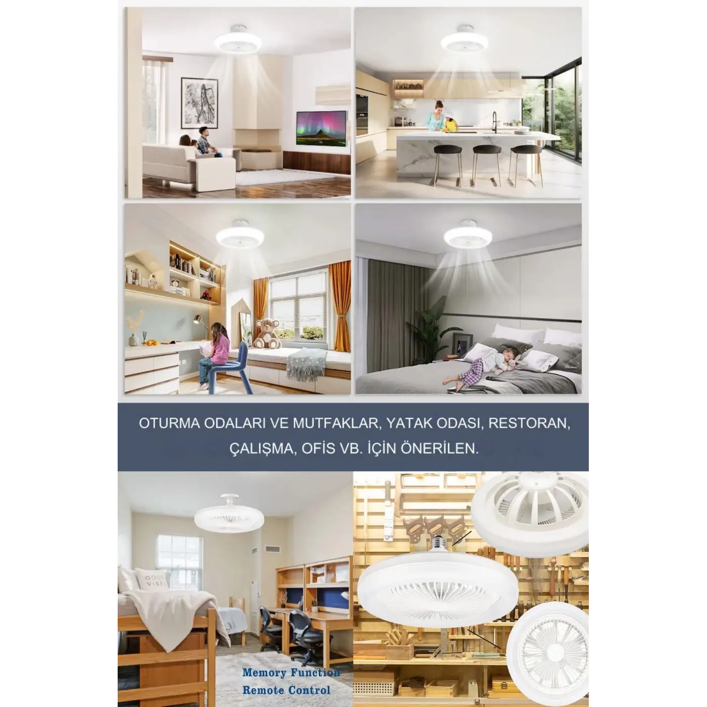 Yeni Nesil E27 Duylu Kumandalı Tavan Vantilatörlü Led Lamba 3 Hız Ayarı ve 3 Renk Ayarı
