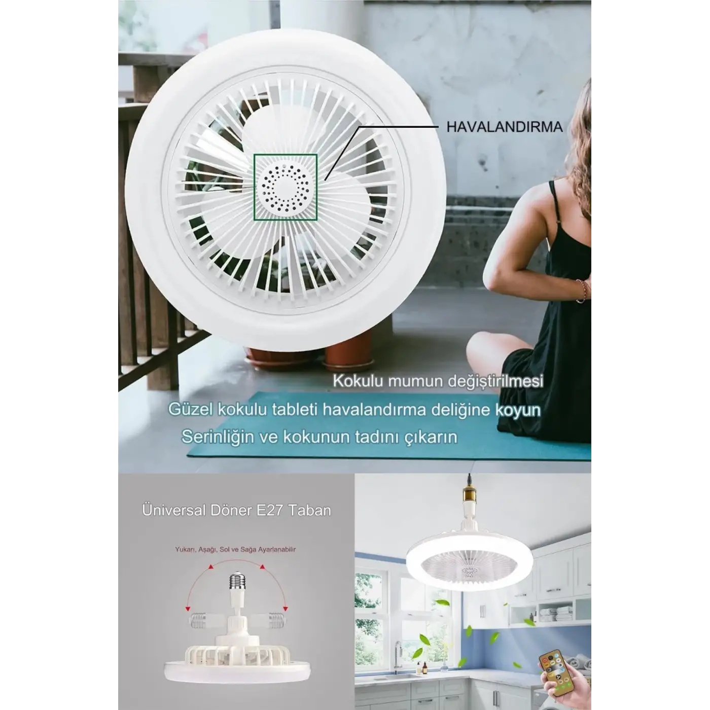 Yeni Nesil E27 Duylu Kumandalı Tavan Vantilatörlü Led Lamba 3 Hız Ayarı ve 3 Renk Ayarı
