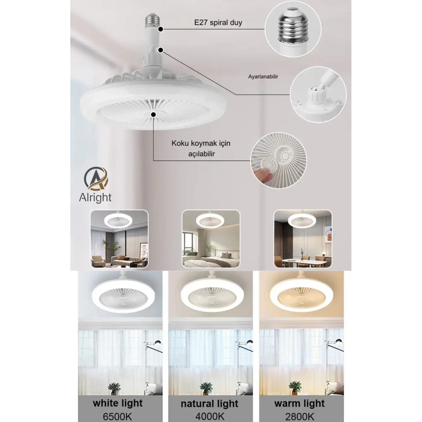 Yeni Nesil E27 Duylu Kumandalı Tavan Vantilatörlü Led Lamba 3 Hız Ayarı ve 3 Renk Ayarı