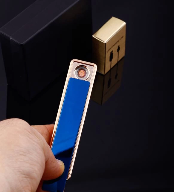 Şık Görünümlü Usb Şarjlı Rezistanslı İnce Slim Metal Çakmak (Mavi)