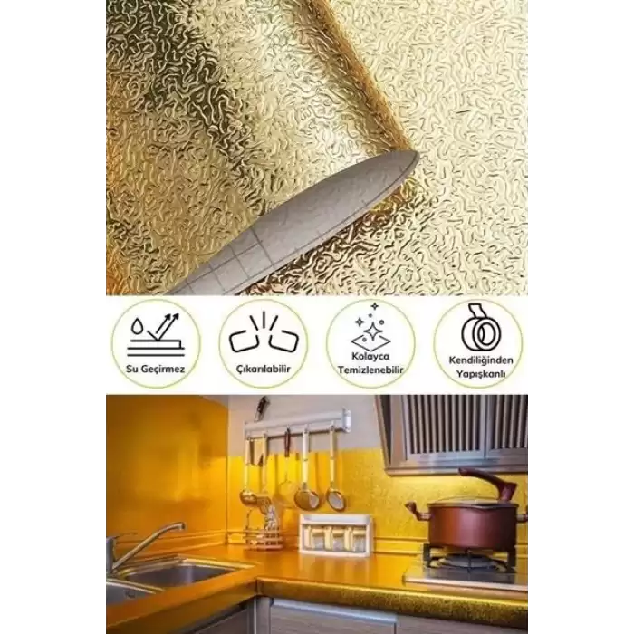 10 Metre Kendinden Yapışkanlı Silinebilir Mutfak Tezgah Üstü Sticker Folyo Gold Renk