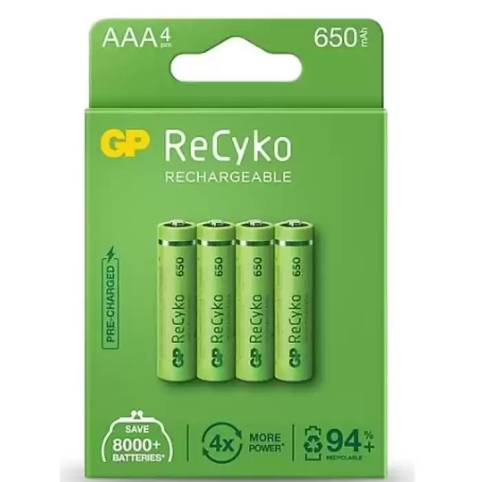 Gp Recyko 650 Mah R03 Aaa Şarjlı 4lü İnce Kalem Pil Gp65aaahcer21-2tlb2