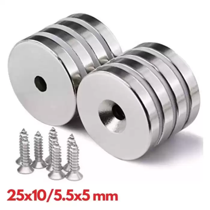 25x10/5x5.5 mm Havşa Delikli Neodyum Mıknatıs - Güçlü N35 Nikel Kaplama Magnet