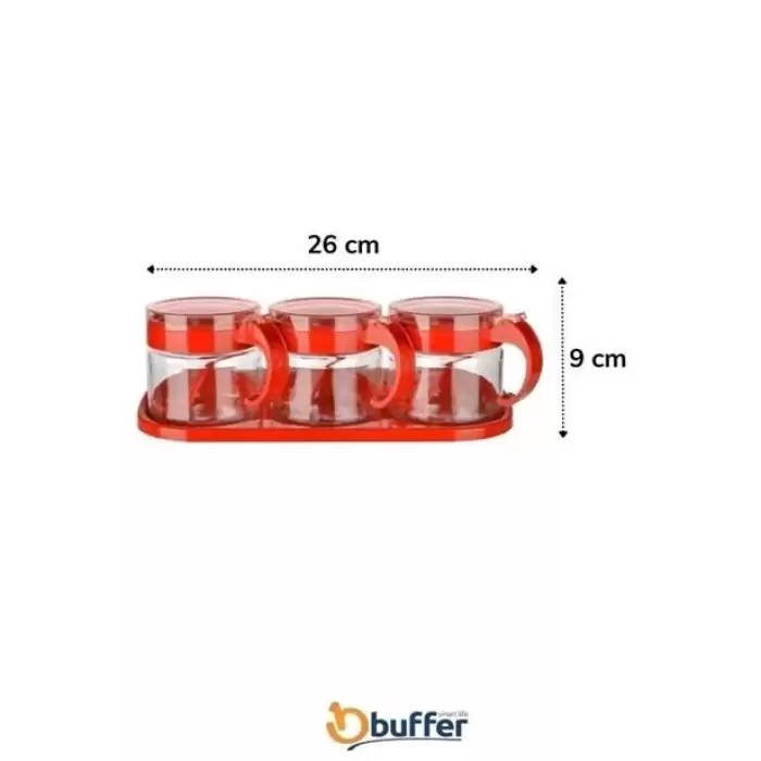 Kırmızı 3lü Standlı Kapaklı Kaşıklı Cam Hava Sızdırmaz Baharatlık Takımı  Kc-386