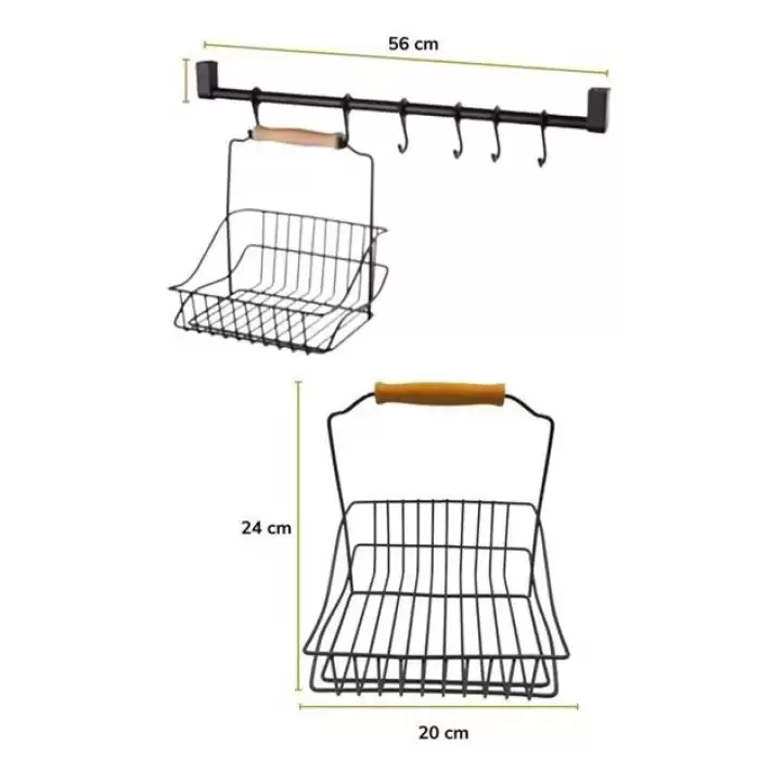 Retro Ferforje Askılı Siyah  Ahşap Kulplu Düzenleyici Mutfak Sepeti