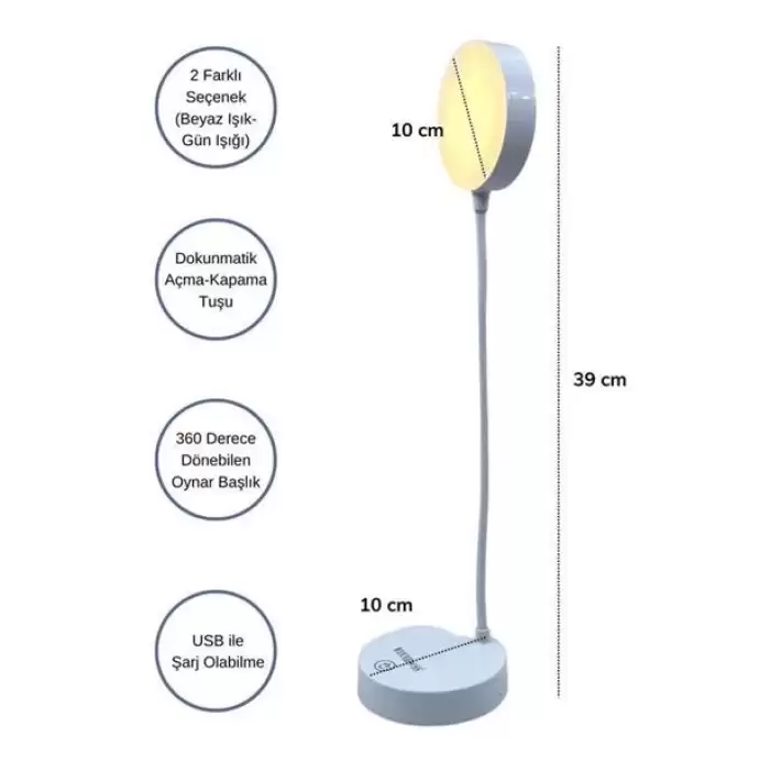 Yuvarlak Usbli Dokunmatik 3 Kademeli 360 Derece  Özel Göz Korumalı Led Lityum Masa Lambası