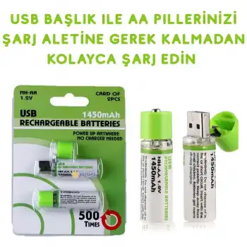Usb ile Şarj Olabilen 2 li 1450 mah Lityum Şarjlı Kalem Pil