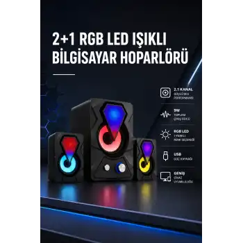 2+1 RGB LED Işıklı Güçlü Bas Sistemli Bilgisayar Hoparlörü