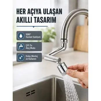 2 Modlu 1080° Dönebilen Musluk Başlığı Esnek 3 Eklemli Hareketli Tasarım