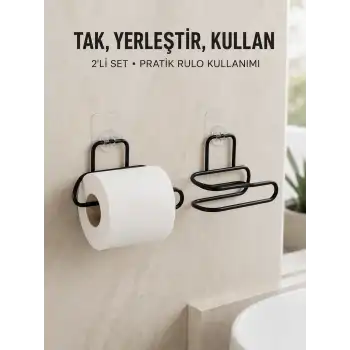 2’li Duvara Yapışkanlı Tuvalet Kağıtlığı Siyah Metal Pratik Rulo Tutucu