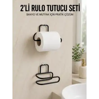 2’li Yapışkanlı Tuvalet Kağıdı Tutucu Siyah Metal Duvar Tipi Rulo Kağıtlık