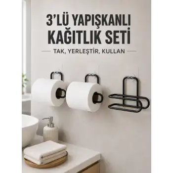 3 Adet Yapışkanlı Rulo Tutucu Siyah Metal Tuvalet Kağıdı Askısı
