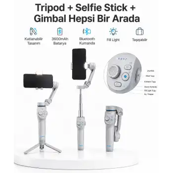 3 Eksen Telefon Gimbal Stabilizer Yapay Zeka Takipli Katlanabilir Dahili Dolgu Işıklı Video Sabitleyici