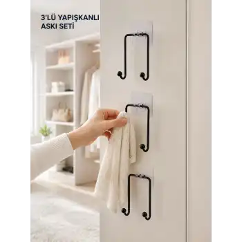 3lü Duvar Tipi Yapışkanlı Askılık Ev ve Yaşam Alanları İçin Pratik Set