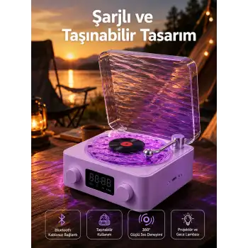 360° Sesli Kablosuz Hoparlör – Retro Tasarım ve Projektör Işığı