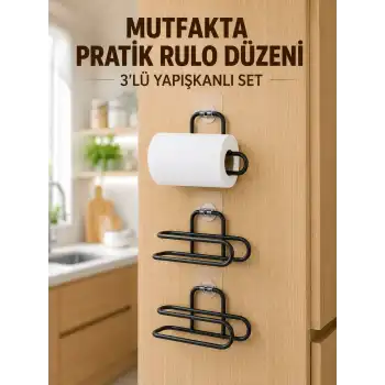 3’lü Yapışkanlı WC Kağıtlığı Siyah Rulo Tutucu Banyo ve Mutfak Kullanımı