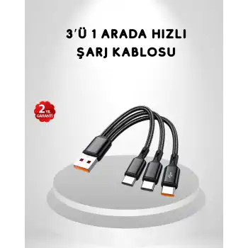 3’ü 1 Arada Hızlı Şarj Kablosu iOS Android Type-C Uyumlu ve Dayanıklı