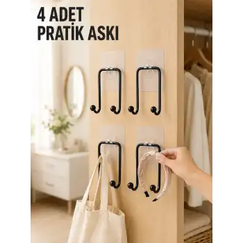 4 Adet Yapışkanlı Duvar Askısı Çok Amaçlı Pratik Askılık Seti