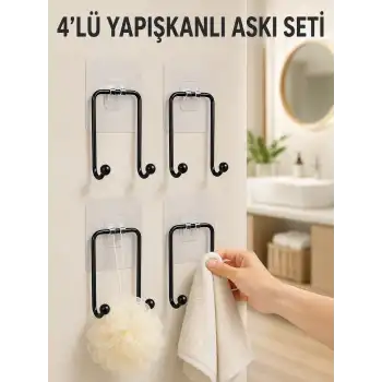 4lü Yapışkanlı Askı Seti Mutfak Banyo ve Ev İçin Duvar Askısı