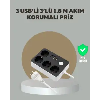 4 Prizli 3 USB Portlu Anahtarlı Akım Korumalı Priz