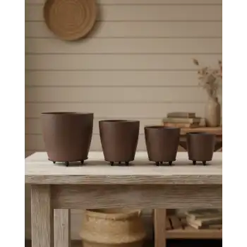 4’lü 3D Şık Kahverengi Vazo Seti Modern Ayaklı Saksı