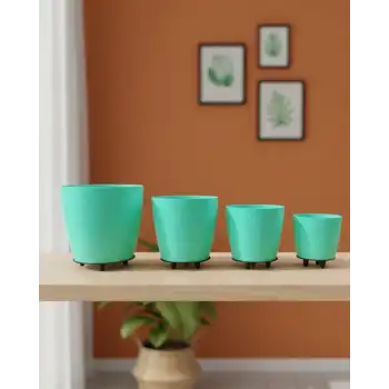 4’lü 3D Yeşil Dekoratif Vazo Seti Modern Ayaklı Şık Saksı Takımı