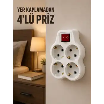 4’lü Priz Çoğaltıcı Açma Kapama Anahtarlı Kablosuz Duvar Tipi Priz Adaptörü