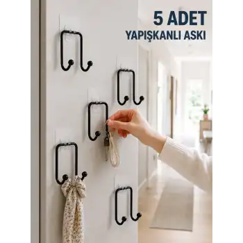 5 Adet Yapışkanlı Duvar Askısı Çok Amaçlı Pratik Askılık Seti