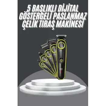 5 Başlıklı Şarjlı Tıraş Makinesi Led Ekran Saç Sakal Ense Tıraşına Uygun Bakım Seti