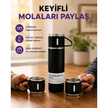 500 ml Isı Korumalı Çelik Termos ve Bardak Seti | Silikon Tabanlı, Şık ve Pratik