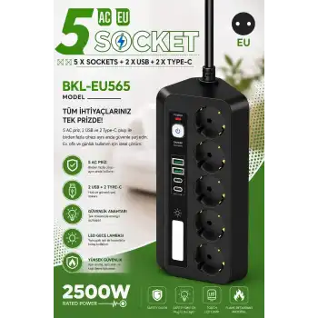 5’li Akım Korumalı Priz 2500w | 2 Usb + 2 Type-c Hızlı Şarj | Led Gece Lambalı | Dokunmatik Siyah