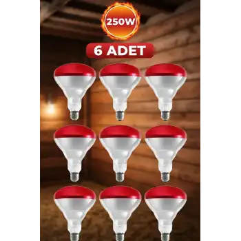 (6 Adet) 250W Kızılötesi Isıtıcılı Hayvan Isıtma ve Kuluçka Lambası (Kırmızı Işık) E27 (Kalın Duy)