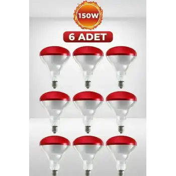 (6 Adet) 150W Kızılötesi Isıtıcılı Hayvan Isıtma ve Kuluçka Lambası (Kırmızı Işık) E27 (Kalın Duy)
