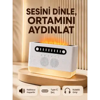 8 Çeşit Beyaz Gürültülü Kablosuz Hoparlör ve Renkli Alev Efektli Gece Lambası