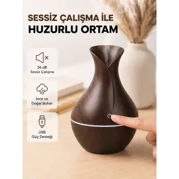Ahşap Desenli Aromaterapi Difüzör 130 ml Ultrasonik ve 7 Renk LED Işıklı