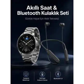 Alarm ve Titreşim Özellikli Akıllı Saat ve Mikrofonlu Kablolu Bluetooth Kulaklık 60 Saat