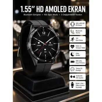 Amoled Ekran 3 Kordonlu Akıllı Saat 5.0 Bluetooth Bağlantılı Android ve İOS Uyumlu