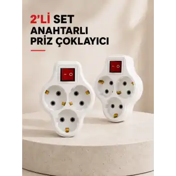 Anahtarlı 3 Çıkışlı Priz Çoğaltıcı Ev Ofis İçin Kablosuz 2’li Avantajlı Set