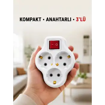 Anahtarlı 3’lü Priz Çoğaltıcı Kablosuz Duvar Tipi Topraklı Priz Çoklayıcı