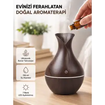 Aromaterapi Difüzör Ahşap Desenli ve Ultrasonik Nemlendirici LED Işıklı