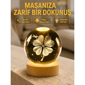 Bitki Temalı LED Işıklı Cam Küre Ahşap Standlı Modern Gece Lambası